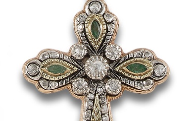 CROSS PENDANT OF DIAMONDS AND EMERALDS, IN GOLD AND SILVER