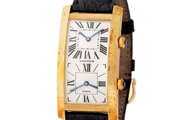 Cartier Paris. Original and Exceptional Tank Cintrée Curved Rectangular Shape Dual-Time Wristwatch in Yellow Gold