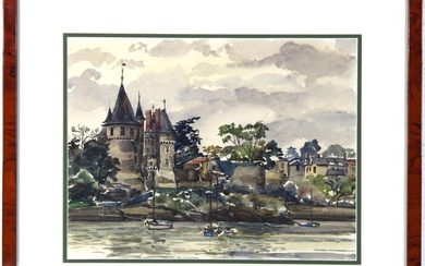 Castle at riverside, Original French Watercolor, Impressionist style, 1940 c.