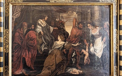 Cercle de Rubens, Le Jugement de Salomon 17ème siècle Huile sur toile, dans un cadre...