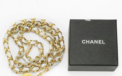 Chanel White Leather Chain Belt with CC Medallion and Box