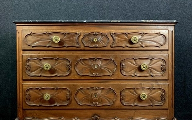 Chest of drawers, rustic chest of drawers in solid walnut - Louis XV Style