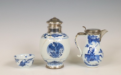 China, three blue and white porcelain objects, Kangxi period (1662-1722), the silver later