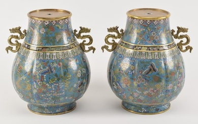 Chinese 19th century cloisonne large hu form vases with gilt dragon handles. Lobed body with fine