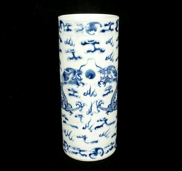 Antique Chinese Blue & White Dragon Cylinder Vase