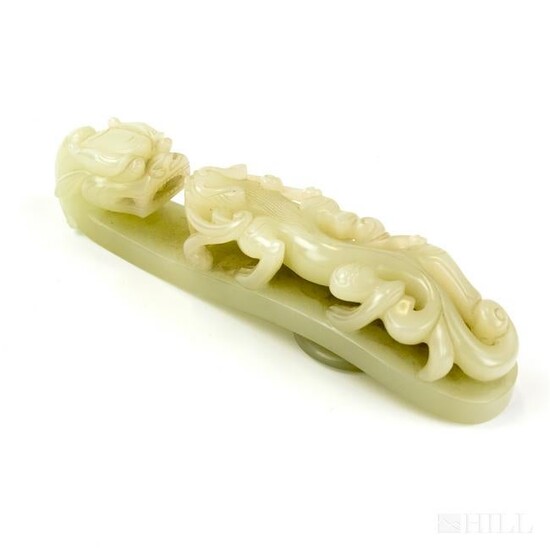 Chinese Carved White Jade Archaic Dragon Belt Hook