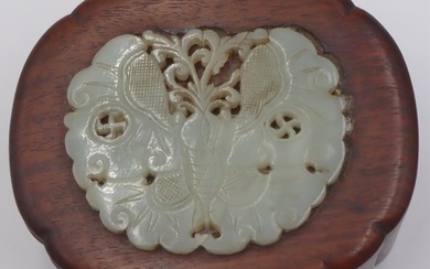 Chinese Carved Wood Box with Jade Plaque.