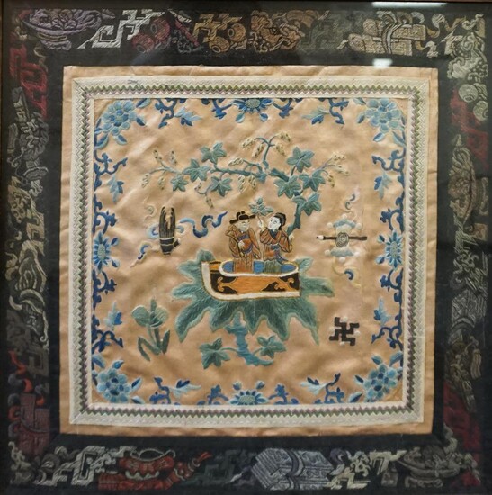 Chinese Embroidery of Man and Woman in Boat, Framed, 17-5/8 x 17-5/8 in