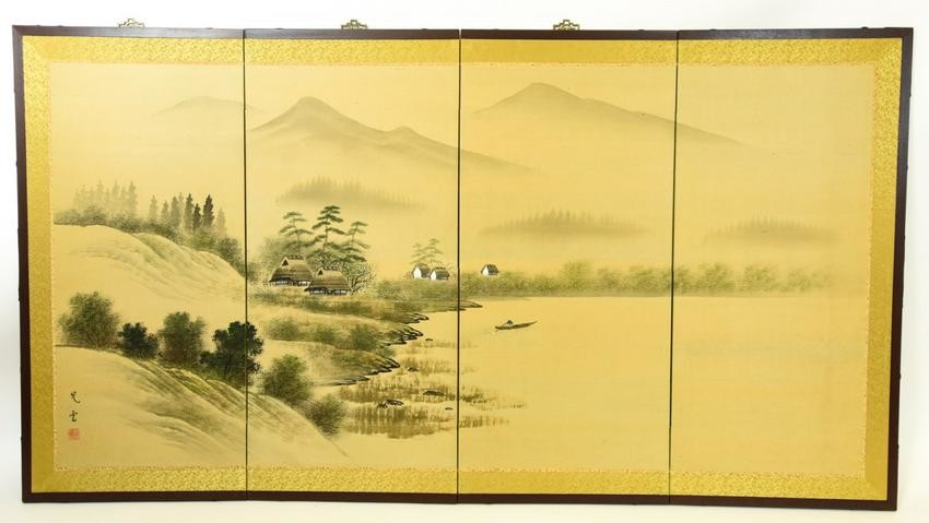 Chinese Hand Painted 4 Panel Wall Screen