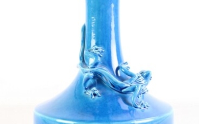 Chinese Peacock Blue 'Qilong' Vase, body covered with attractive peacock blue glaze with relief form Qilong perched on shoulder, si...