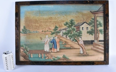 Chinese School (18th/19th Century) Watercolour, Four figures in a landscape, period Chinese black la