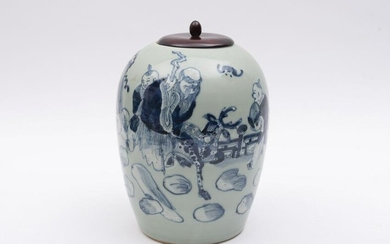 Chinese blue and celadon ginger jar with wood cover