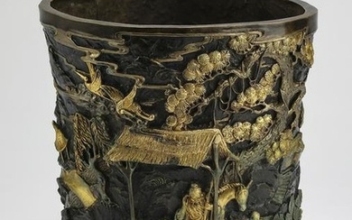 Chinese gilt bronze brush pot with Shou Lao
