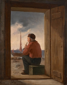 Christian Andreas SCHLEISNER Lyngby, 1810 - Copenhague, 1882 Pêcheur sur le seuil d'une maison regardant la mer