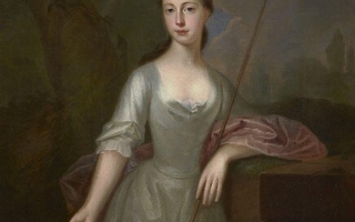 Circle of Joseph Highmore, British 1692-1780- Portrait of a Shepherdess; oil on canvas, 127 x 101.5 cm., (unframed). Note: In the early 18th Century, visions of the English countryside were presented in increasingly romanticised forms. The present...