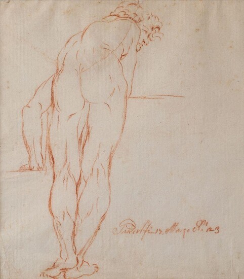 Circle of Mauro Gandolfi, Italian 1764-1834- Study of a male nude; red chalk on laid paper, bears inscription and date, 'Gandolfi 17 Marzo dal '23' (lower right), 21.8 x 19 cm. (VAT charged on hammer price). Provenance: Anon. sale, Phillips...