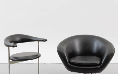 Circular armchair. Upholstered in black vinyl. Chromed structure. We join: Chair. Seat and backrest