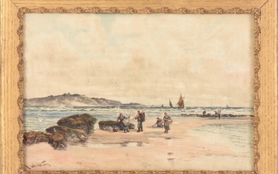 Clam Digging Watercolor Painting, 19th Century.