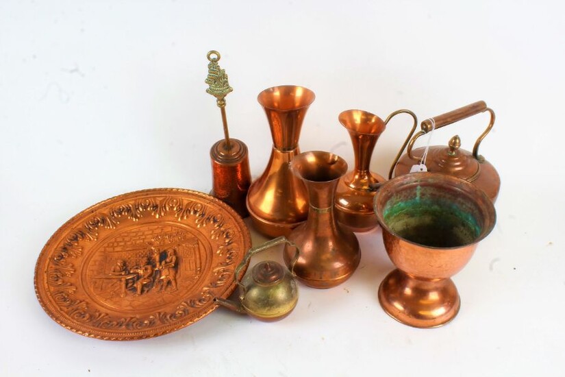 Collection of copper ware, consisting of a 19th Century teapot, vases, charger and others (qty)