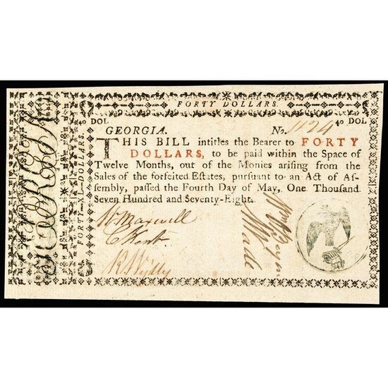 Colonial Currency Georgia 1778 $40 Gem Crisp Unc.