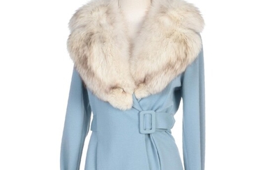 Colt Orient Corp. Blue Wool Knit Belted Jacket with Fox Fur Shawl Collar