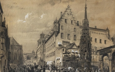 Cornelis Springer, 1817 Amsterdam – 1891 Hilversum, NÜRNBERGER HAUPTMARKT MIT DEM SCHÖNEN BRUNNEN