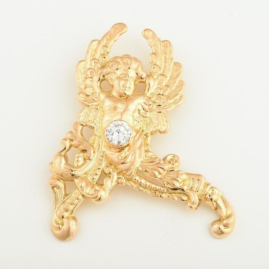 Cubic Zirconia, 18k Yellow Gold Putto Brooch.