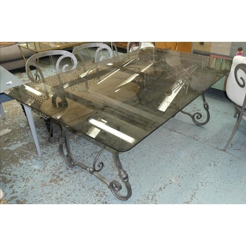 DINING TABLE, contemporary worked metal design with smoked g...