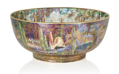 Daisy Makeig-Jones (1881-1945) for Wedgwood, 'Poplar Trees' Imperial shape bowl from the 'Black Fairyland Lustre' series, circa 1916, Interior with 'Woodland Elves III-Feather Hat' design, Porcelain, lustre glaze, Printed marks and painted pattern...