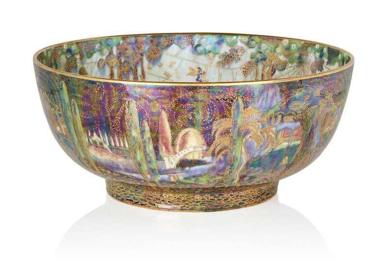Daisy Makeig-Jones (1881-1945) for Wedgwood, 'Poplar Trees' Imperial shape bowl from the 'Black Fairyland Lustre' series, circa 1916, Interior with 'Woodland Elves III-Feather Hat' design, Porcelain, lustre glaze, Printed marks and painted pattern...