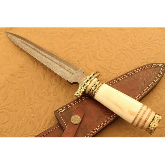 Damascus steel knife, bone and brass handle, leather