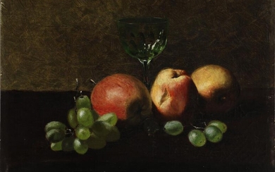 SOLD. Danish painter, late 19th century: Still life with apples, grapes, and a wine glass...