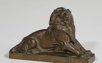 D'après FRÉDERIC AUGUSTE BARTHOLDI (Colmar, 1834-Paris, 1904). "Lion de Belfort". Bronze patiné. Signé et portant...