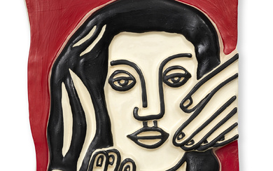 D'après Fernand Léger (1881-1955) Visage aux deux mains sur fond rouge