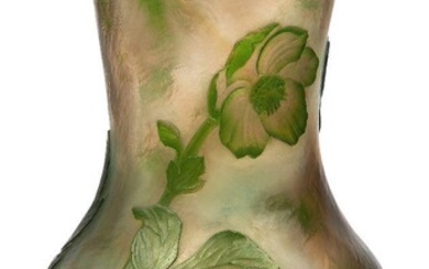 Daum (French Est. 1879), a wheel carved cameo glass vase, c.1900, engraved Daum Nancy with Cross of Lorraine, The clear and ‘clair de lune’ (opalescent) body overlaid with green and acid-etched with anemones with wheel carved detail overall, 26 cm...