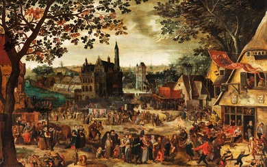 David Vinckboons, 1576 Mechelen – 1629 Amsterdam, zug., DORFKIRMES MIT DEM STADTHAUS VON OUDENAARDE IM HINTERGRUND