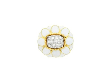 David Webb Gold, Platinum, White Enamel and Diamond Flower Dome Ring