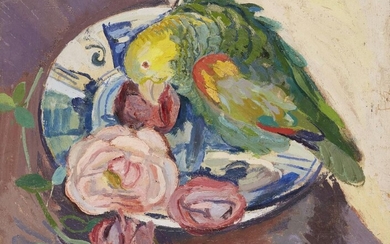 Denis Mathews, British 1913-1997 - Study of a green parrot perched amongst flowers on a dish (with 'Portrait study of a woman' on the reverse); oil on canvas, 33 x 40.5 cm (ARR) Provenance: private collection, Buckinghamshire, purchased from the...