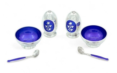 Denmark Sterling Silver And Enamel Open Salts And Pepper Shakers, Salt Spoons Ca. 1950, "In 2