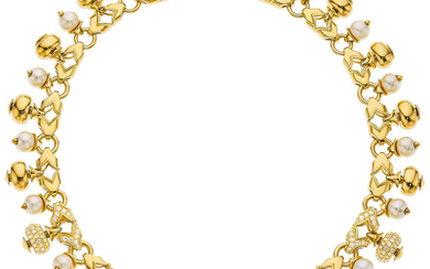 Diamond, Cultured Pearl, Gold Necklace The necklace features full-cut...