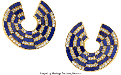 Diamond, Lapis Lazuli, Gold Earrings Stones: Full-cut diamonds weighing...