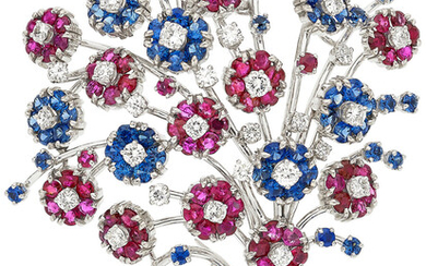 Diamond, Ruby, Sapphire, White Gold Brooch, French Stones: Full-cut...