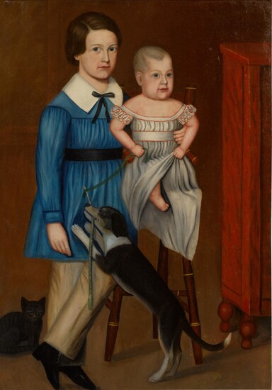 Double Portrait of a Boy and His Sister with Spaniel and Cat, American School, 19th Century
