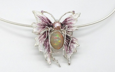 EHINGER SCHWARZ 1876 Pendant - SCHMETTERLING - Silver, Enamel with precious opal, pink sapphires, freshwater pearl & silver choker Oval Opal - Sapphire