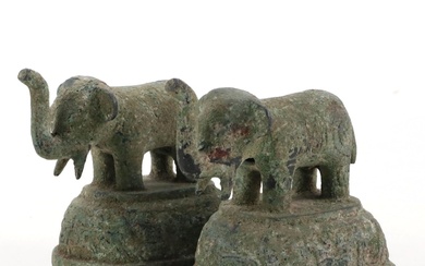 East Asian Patinated Metal Figural Elephant Temple Jar Lid Pair