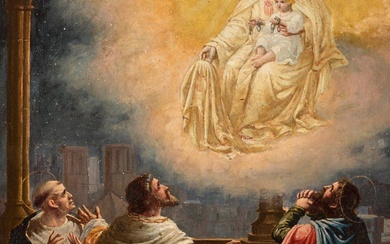 École espagnole du 19e siècle. "Apparition de la Vierge de la Merced". Huile sur carton...