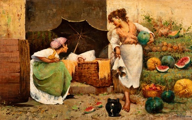 École espagnole ; fin du XIXe siècle. "Le vendeur de fruits". Huile sur toile. Dimensions...
