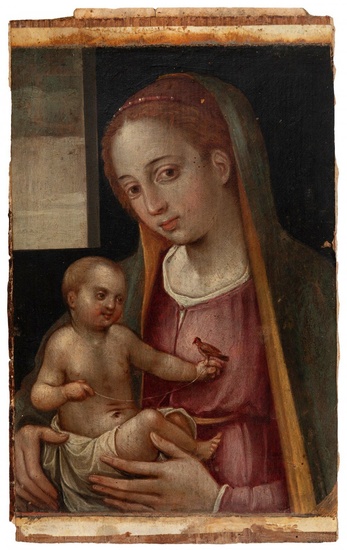 École italienne ou espagnole du XVIIe siècle. "Vierge à l'enfant avec oiseau". Huile sur papier...