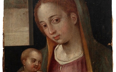 École italienne ou espagnole du XVIIe siècle. "Vierge à l'enfant avec oiseau". Huile sur toile...