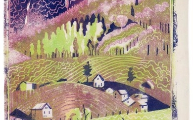 Edith Lawrence (1890-1973) ''Houses on a Hillside'' Linocut, 30.5cm by...